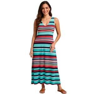Tommy Bahama Teal Red Navy Striped Maxi Dress Sleeveless V Neck Resort Small